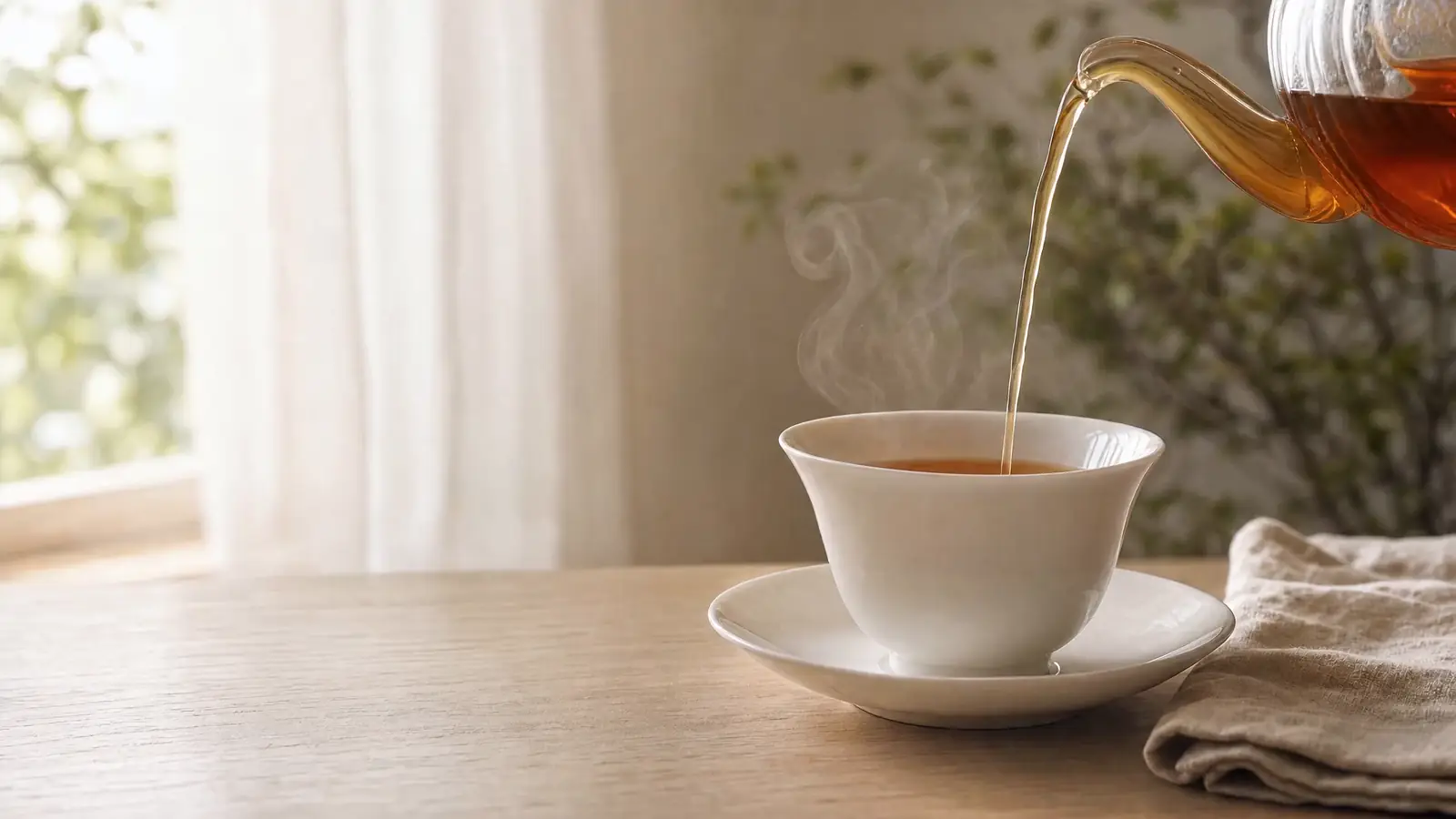 白磁のカップに、ポットから琥珀色の紅茶が注がれている
