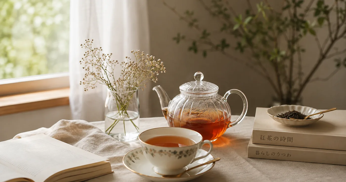 窓辺のテーブルに置かれた紅茶のティーカップとガラスのティーポット